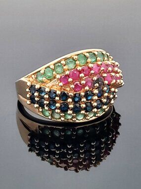14K Yellow Gold Ruby, Sapphire, Emerald, Gold Beaded Dome Ring Size 8